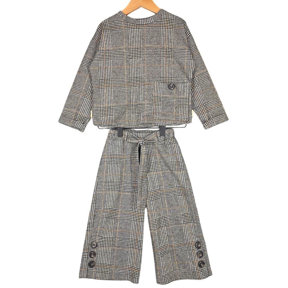ZARA KIDS PLAID TWO‑PIECE SET – TOP SIZE 6 / PANTS SIZE 5 – GRAY/BLACK/TAN PLAID